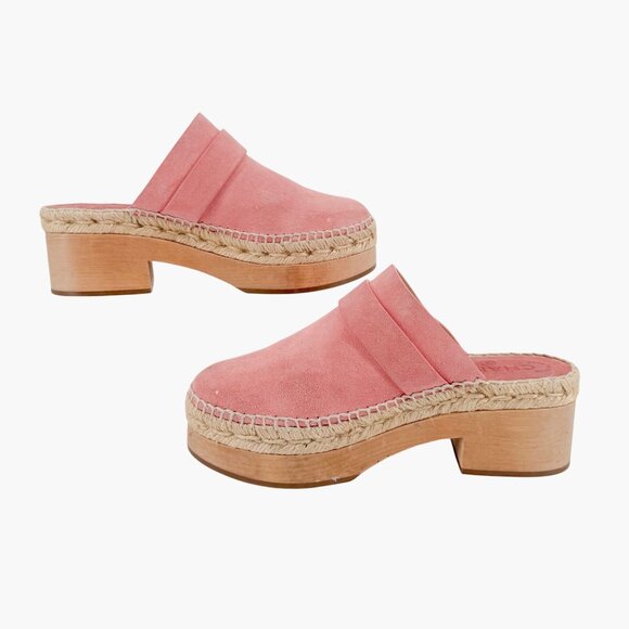 Chanel Turnlock CC Clog Mules Size 37 US 6-6.5 Pink Suede Espadrille Block Heel - Picture 10 of 15